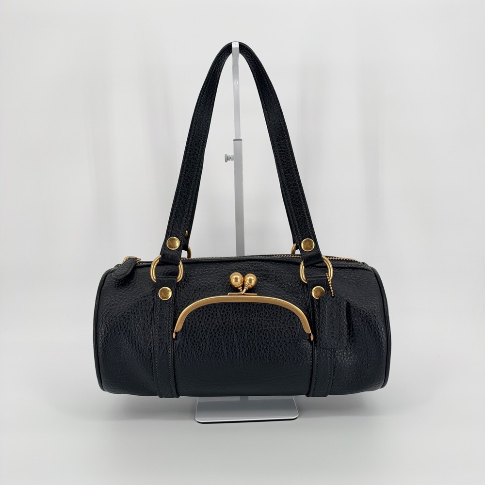 Coach Kisslock Barrel Bag Large Black Pebbled Leather Vintage Aesthetic Academia